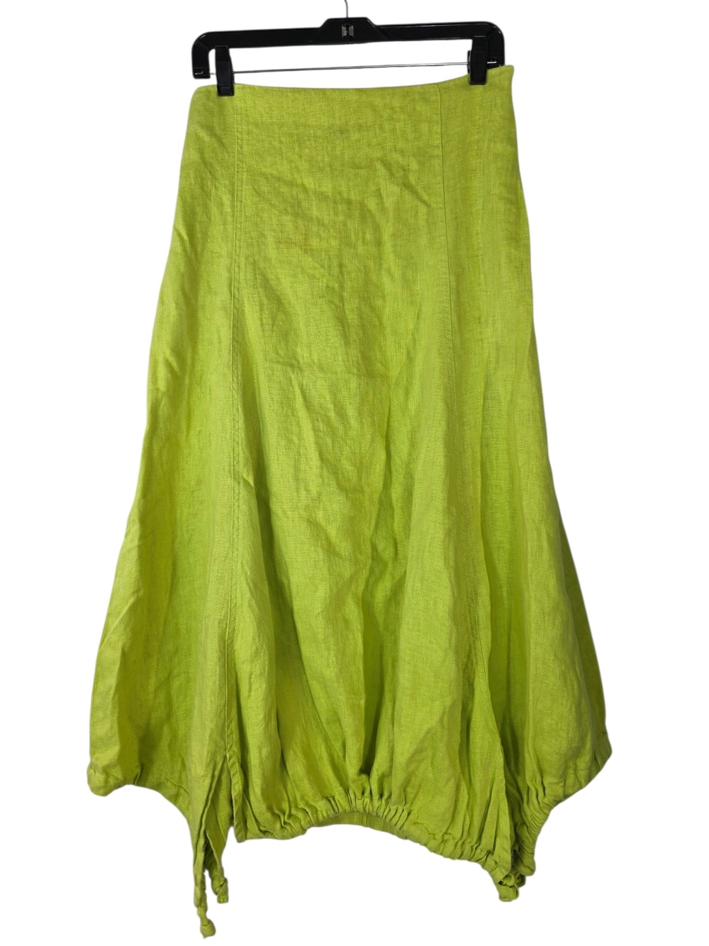 Kokomarina Linen Lagenlook Lime Green A-Line Balloon-Hem cut tied Midi Skirt